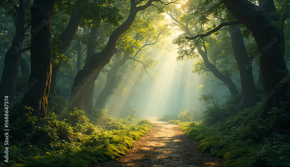 Obraz premium Misty morning forest path with sunlight rays