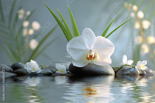 A serene image of a white orchid adorned with water droplets, nestled amongst smooth grey stones and verdant foliage, reflecting in calm water
