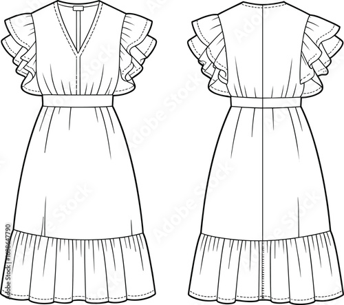 Fashion dress CAD drawing, flat technical sketch, ruffle sleeve midi dress, detailed vector fashion illustration, front and back view