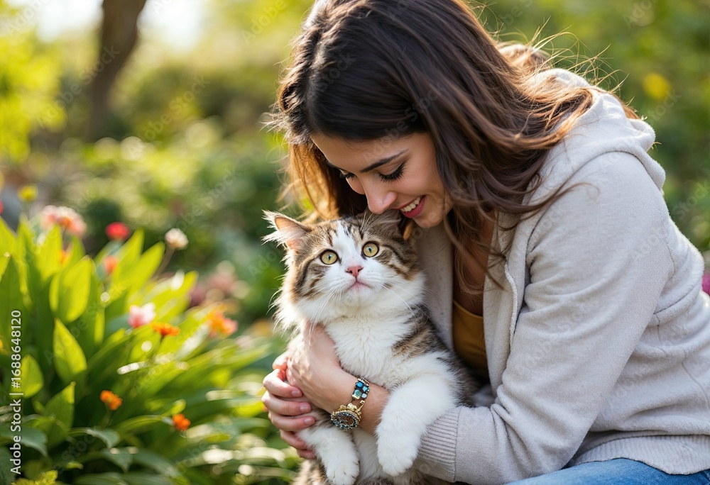 Obraz premium woman hugging cat in the garden