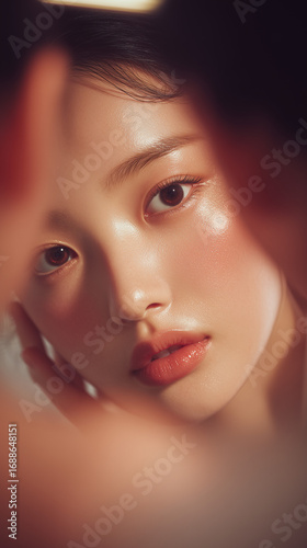 Captivating close-up portrait of a young Korean woman with radiant skin, delicate features, and an enchanting gaze