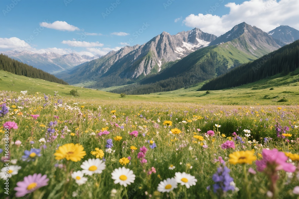 Obraz premium A breathtaking view of vibrant wildflowers blooming beautifully in a tranquil mountain valley under a clear blue sky