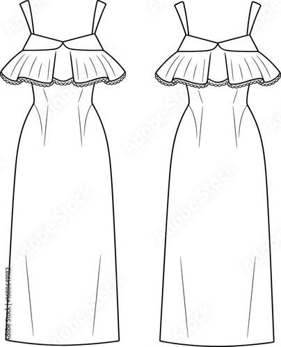 Fashion dress technical sketch with ruffle bodice and spaghetti straps, detailed CAD drawing flat vector illustration for clothing design template