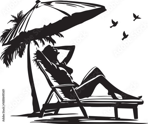 Black and White Silhouette of a Woman Sunbathing on a Beach with Palm Trees

