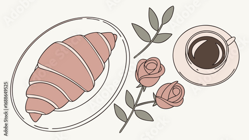 A charming flat lay illustration of a pink croissant a cup of coffee and delicate roses with leaves