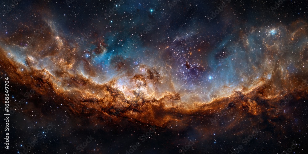 Fototapeta premium An awe-inspiring panorama of the universe showing a massive nebula glowing with swirling orange, purple, and cyan light, countless stars shining like diamonds scattered in infinite blackness.