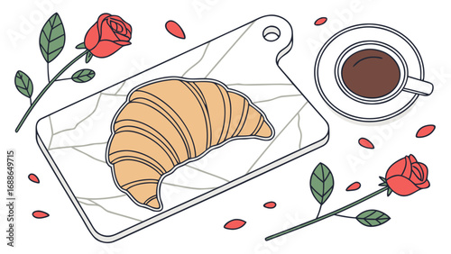 A delicious croissant and coffee served with red roses and scattered petals on a marble cutting board