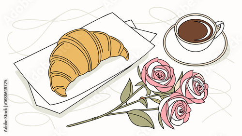 A delicious croissant and coffee served with pink roses on a white background with decorative swirls