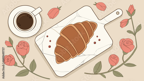 A delicious golden croissant served on a marble cutting board with coffee and pink roses