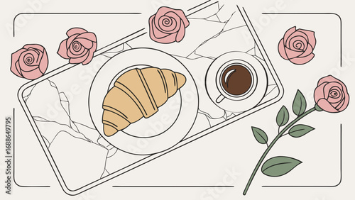 A delightful breakfast scene featuring a golden croissant and a cup of coffee surrounded by delicate pink roses on a marble tray