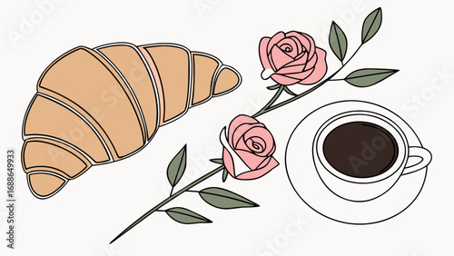 A delightful illustration of a golden croissant a steaming cup of coffee and delicate pink roses on a white background