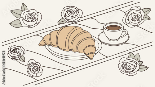 A simple illustration of a croissant and coffee cup on a tray surrounded by roses