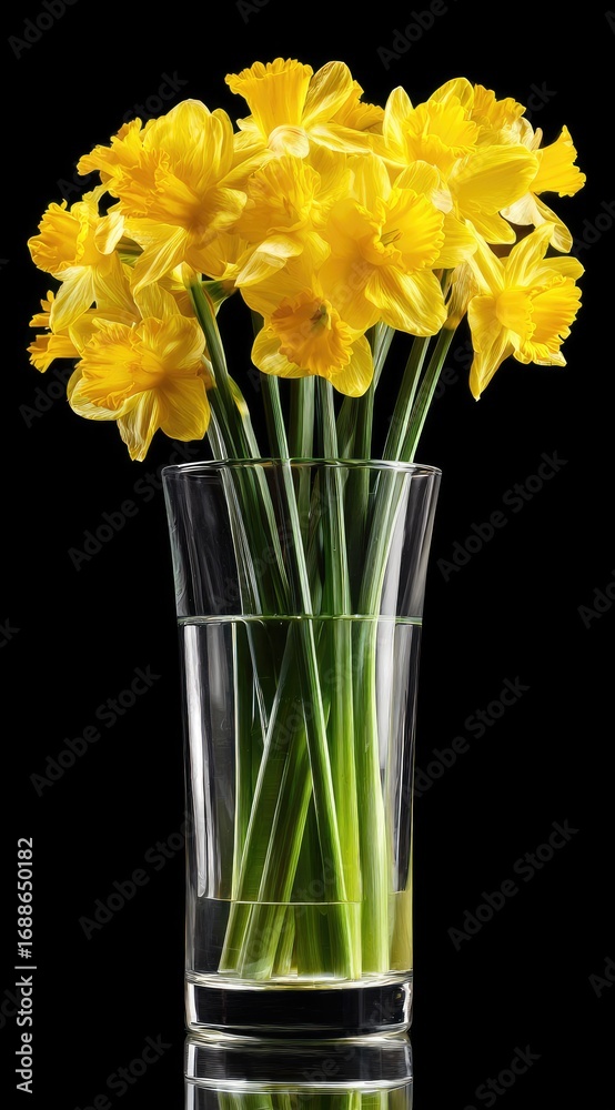 Fototapeta premium A clear vase holds vibrant yellow daffodils with green stems, set against a stark black background, creating a striking contrast and minimalist composition