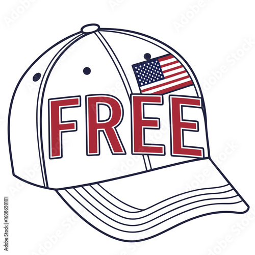 American baseball cap with the word free and a small us flag illustration