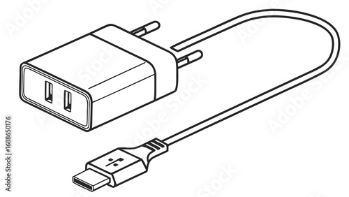 Black and white line drawing of a dual usb wall charger with a connected usb cable