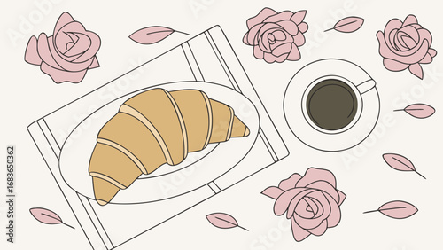 Delicate french breakfast with a golden croissant coffee cup and pink roses on a light background
