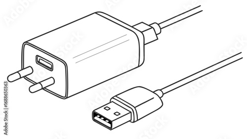 Clean line art illustration of a white usb power adapter with two prongs and a connected usb cable