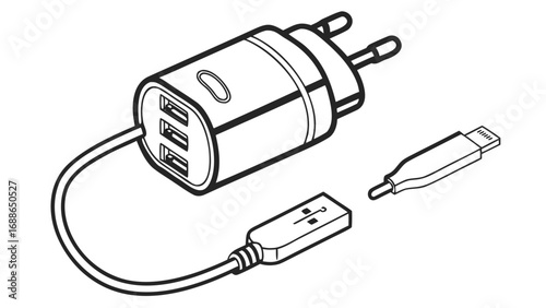 Illustration of a multi port usb wall charger with a detachable usb cable and connector