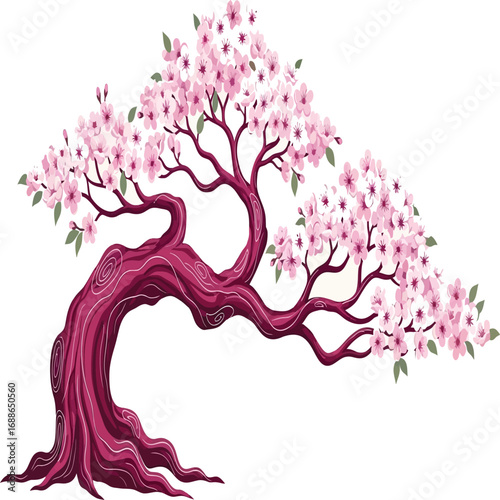 Serene Pink Cherry Blossom Bonsai Tree: Elegant Asian-inspired Floral Illustration