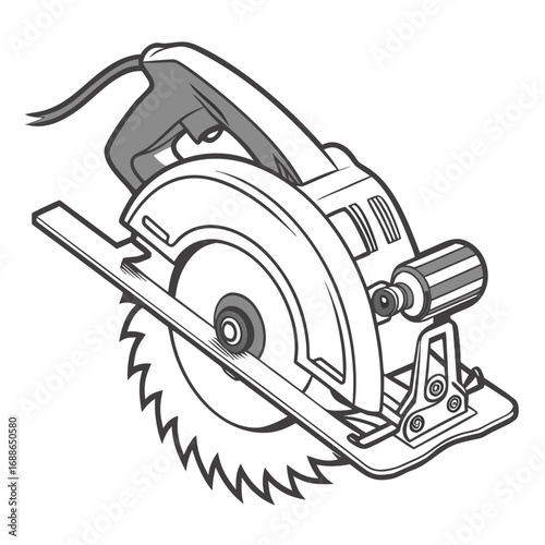 Illustration of a powerful circular saw with a sharp blade and electric motor for woodworking and construction projects