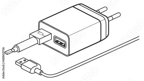 Line art drawing of a usb power adapter with a connected usb cable and plug