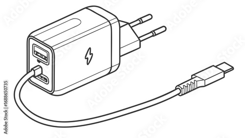 Line art illustration of a dual usb port wall charger with a usb type c cable and power plug