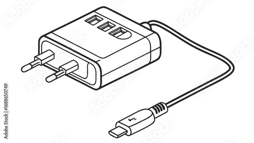 Line art illustration of a compact usb charger adapter with european style plug and a micro usb cable