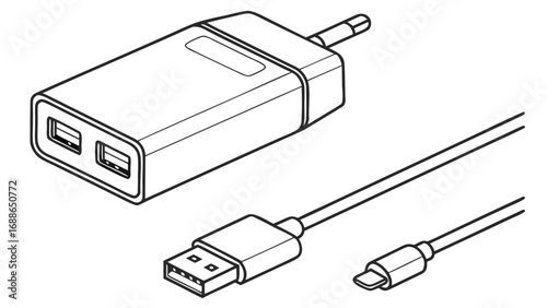 Line art illustration of a dual usb wall charger with usb to lightning cable and usb to usb cable