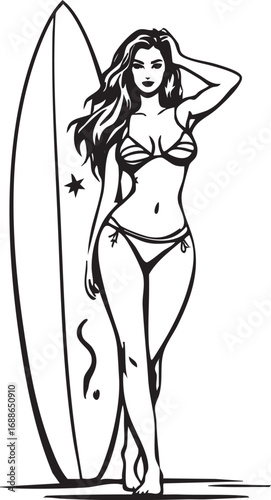 Retro Pin-Up Style Woman in a Bikini with a Surfboard for a Summer Beach Theme

