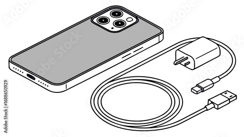 Modern smartphone with camera array and charging accessories including adapter and cable