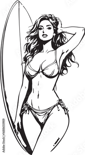 Beautiful Woman in a Bikini Holding a Surfboard, Ready for a Summer Beach Adventure

