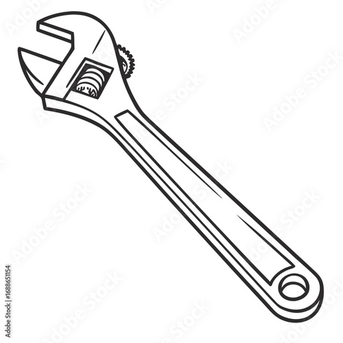 Simple black and white line drawing illustration of an adjustable wrench tool isolated on a white background