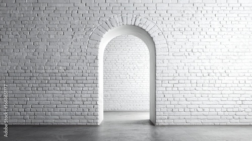 Bright and minimalist interior featuring a white brick wall with an arched opening. The space is clean and unoccupied, enhancing a modern aesthetic.