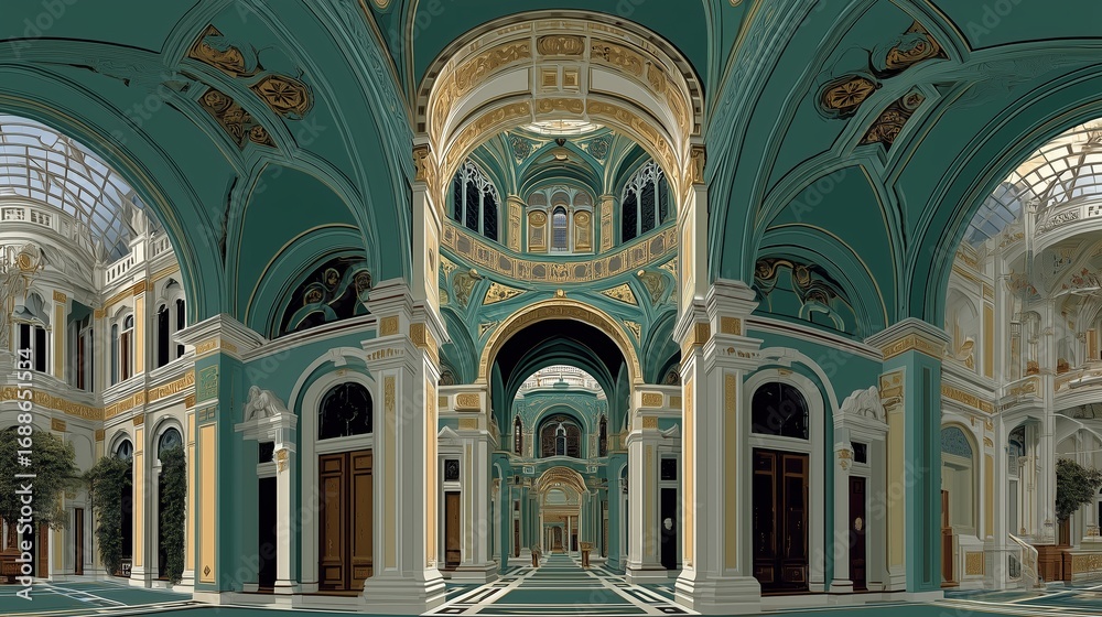 Obraz premium Grand Ornate Interior with Teal and Gold Architectural Details