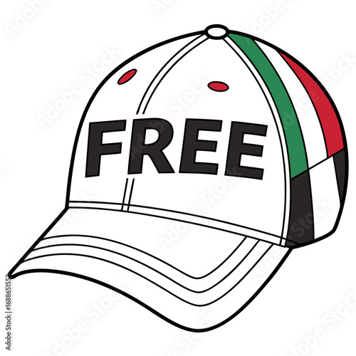 White baseball cap with the word free in bold black letters and colorful stripes on the side