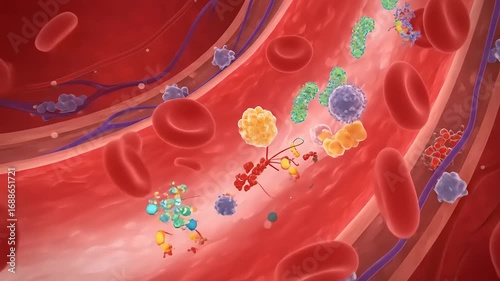 Anatomy of a Human Blood Vessel with Red Blood Cells and immune cells