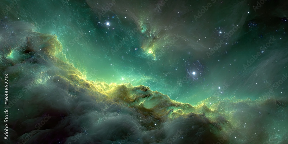 Fototapeta premium Astronomical Green and Yellow Nebula with Distant Galaxies - A vivid portrayal of a green and yellow nebula, surrounded by galaxies far in the distance