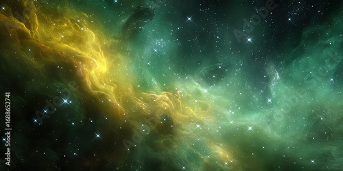 Astronomical Green and Yellow Nebula with Distant Galaxies - A vivid portrayal of a green and yellow nebula, surrounded by galaxies far in the distance