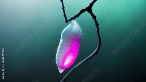 Pink-lit chrysalis sways on dark branch in teal light
