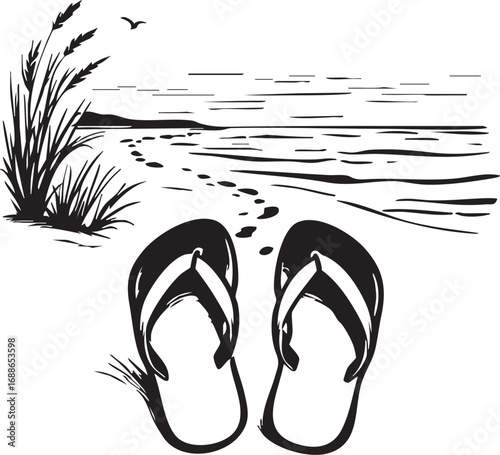 Hand-Drawn Beach Scene with Flip-Flops and Footprints Vector Illustration

