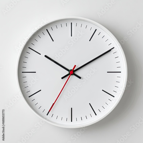 Free Download A simple, round, white analog clock with black hour and minute hands, a red second hand, and black hour markers against a white background - GFXLoad