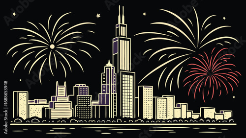 Vibrant city skyline celebration with fireworks display for new year 2026