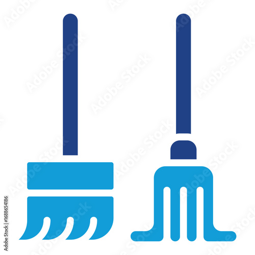 Broom and Mop Glyph Blue Silhouette Icon Design Vector - Broom and mop standing together representing cleaning tools for floor care