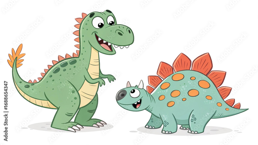 Obraz premium Cartoon dinosaurs with floral clipart, children’s T-Rex and Stegosaurus illustration. Isolated transparent background.