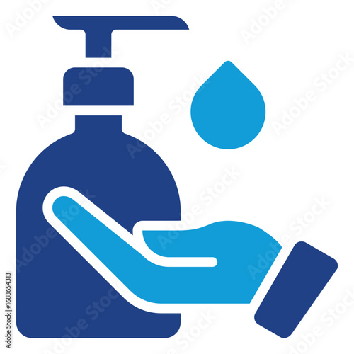 Hand Wash Glyph Blue Silhouette Icon Design Vector - Hand washing with soap dispenser and water drop symbolizing hygiene and cleanliness
