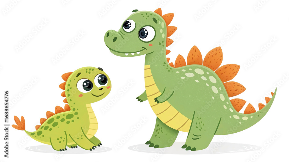 Obraz premium Kids illustration of dinosaurs with flowers and leaves, T-Rex and Stegosaurus cartoon vector. Isolated transparent background.