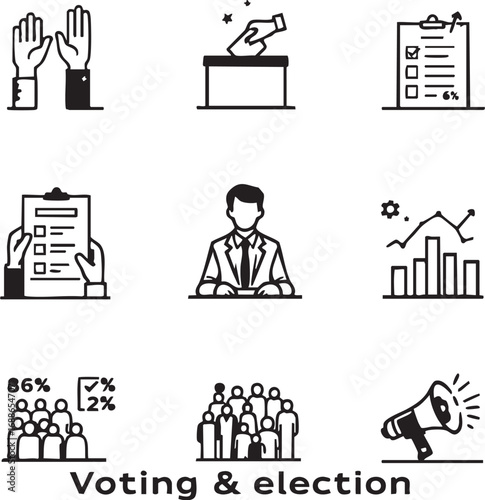 Election and voting icon set with people, ballot box, megaphone, and poll data.

