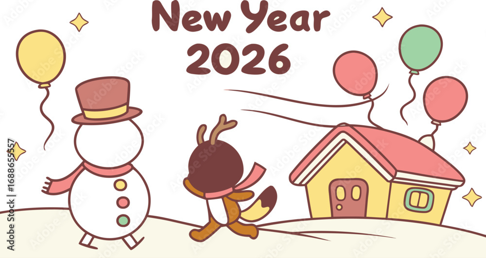 Fototapeta premium Cute cartoon style illustration celebrating the new year of 2026 with festive elements and vibrant colors