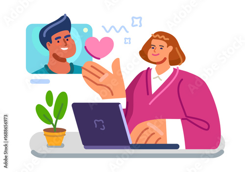 Online dating app. Loving couple chatting over internet using laptop. Long distance relationship. Valentines day concept