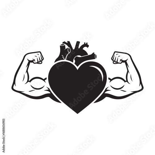 Monochrome Illustration of a Strong Heart with Biceps, a Symbol of Cardiovascular Fitness and Power